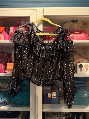LoveShackFancy black sheer 100% silk ruffle star print top